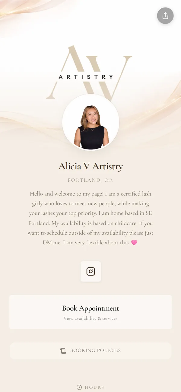 aliciavartistry, a real Besmi booking page