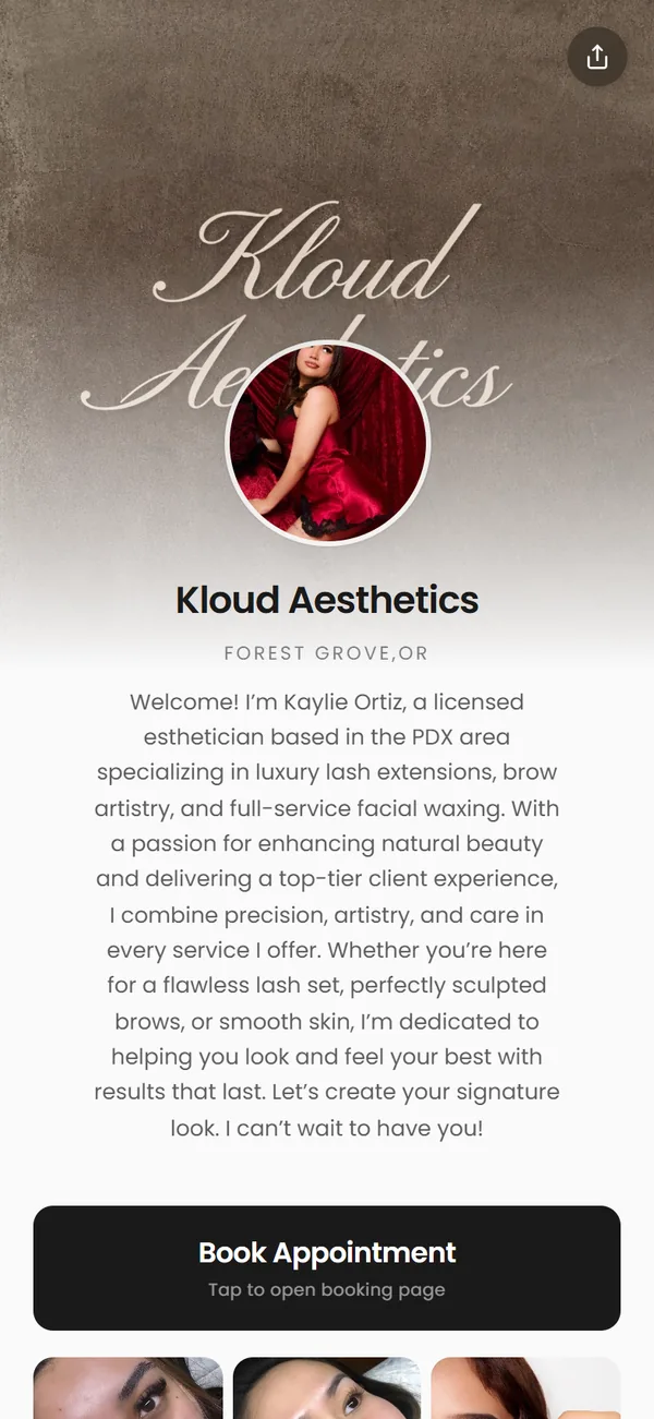 kloudaestheticsllc, a real Besmi booking page