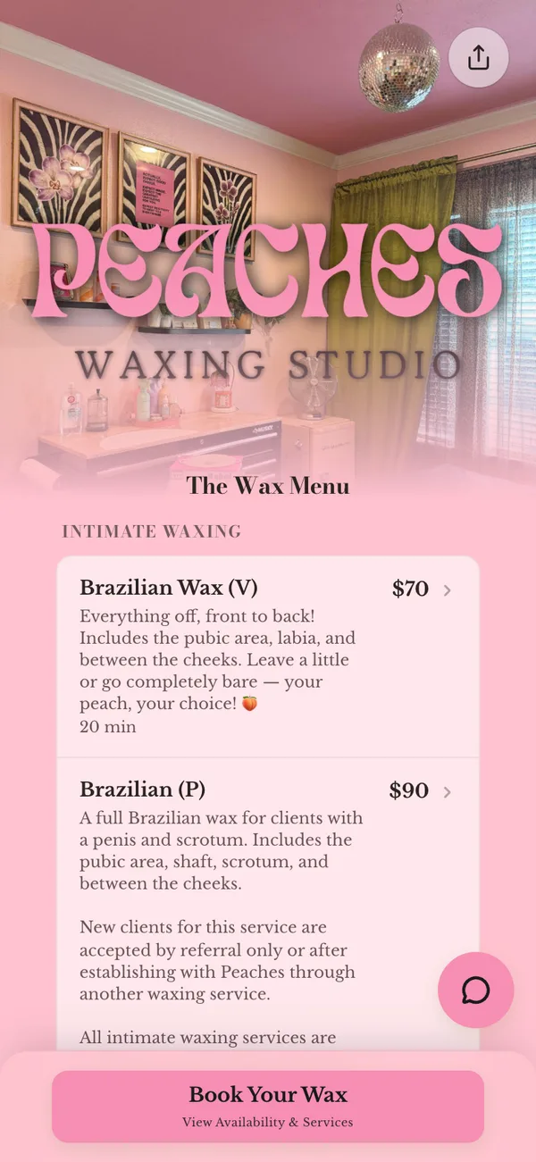 peaches, a real Besmi booking page